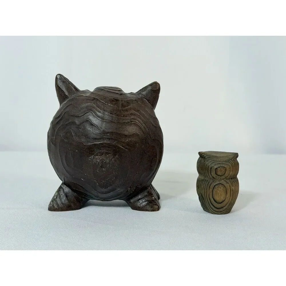 Vintage Cryptomeria Wood Carved Owl Lot of 4 Folk Art Big Eyes Woodland Forest